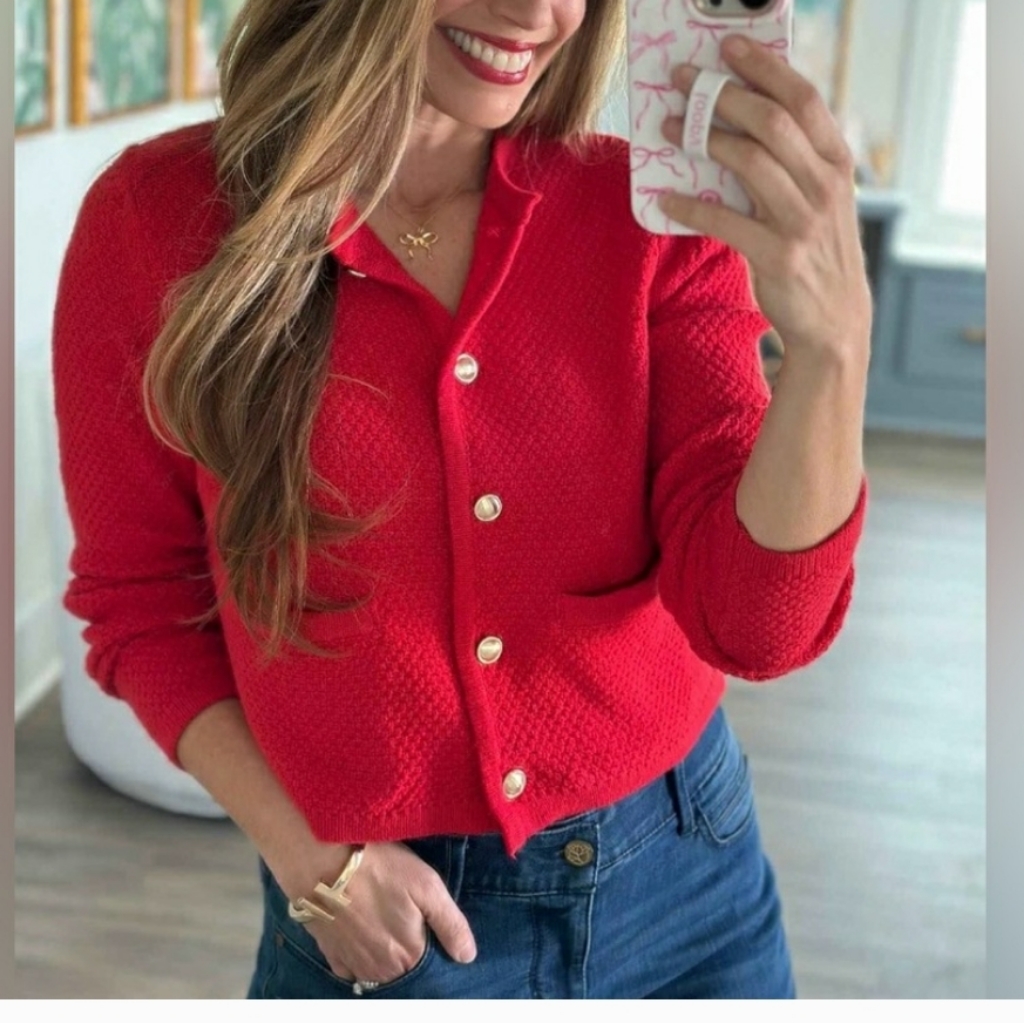 A New Day Nwt 3x Red Ribbed Knit Cuff Gold Button-Front Lady Cardigan Sweater